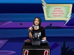 Host at podium with background theme